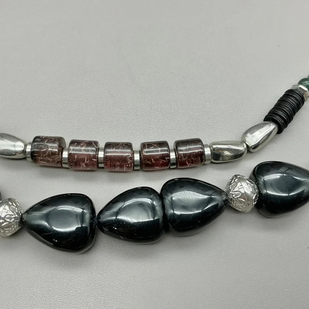 Chicos Beaded Layered Necklace Black Silver Tone Green Multi Strand Statement